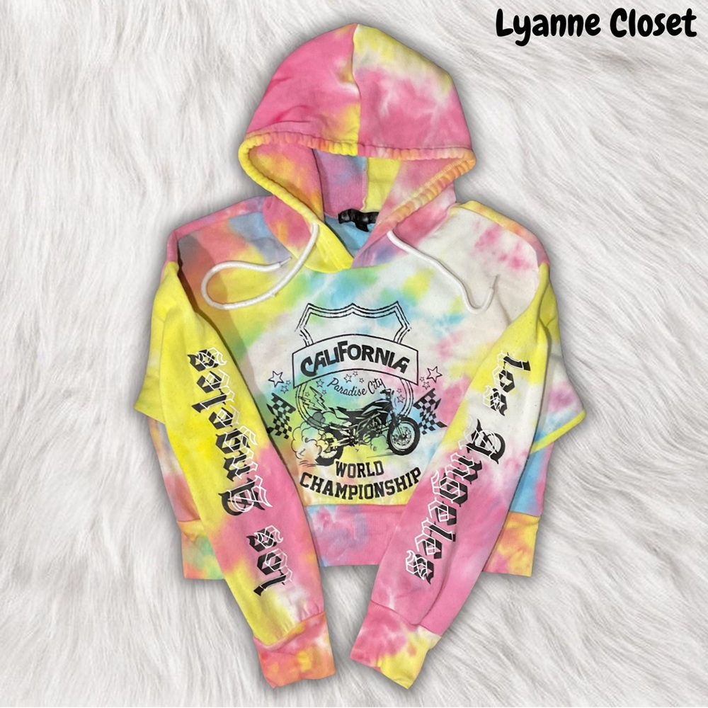 Pink and Yellow Crop Graphic Hoodie
